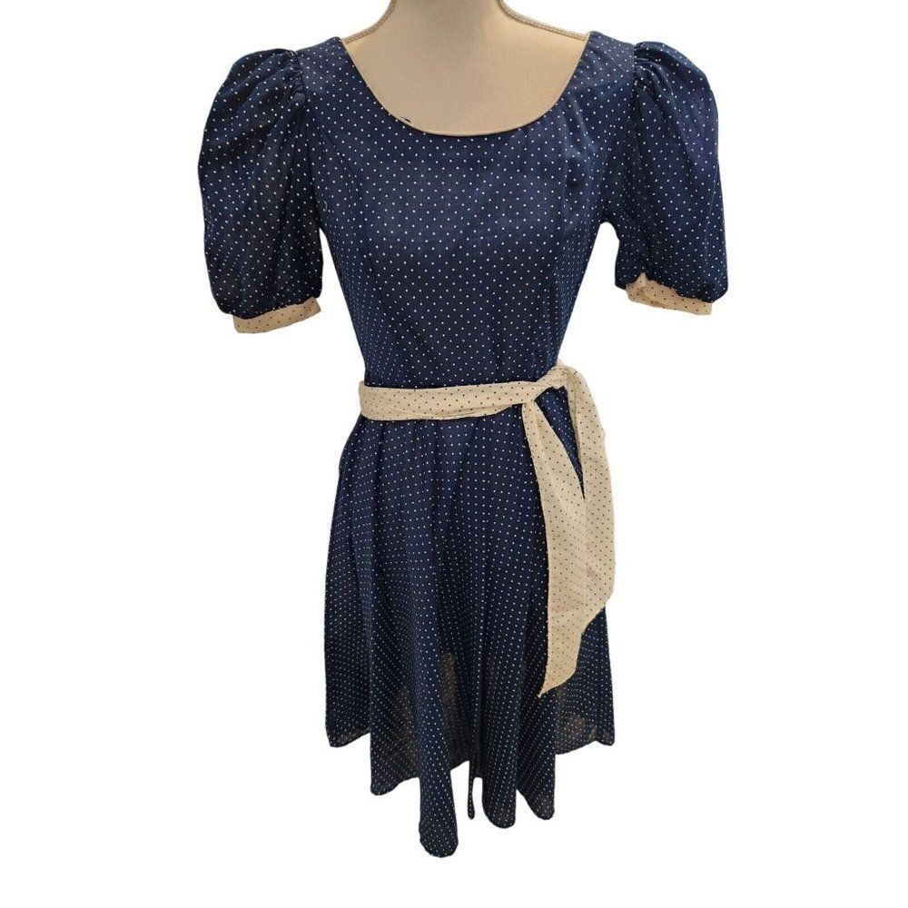 Vintage 70s Polka Dot Puff Sleeve Prairie Cottage Dress M Blue White